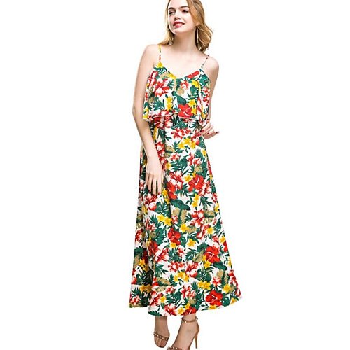 Women go out, the beach, the elegant petal sleeve loose chiffon swing dress, floral, plaid print high waist strap