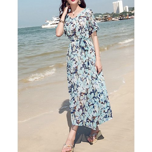 Women Beach swing dress, Floral shallow V-neck