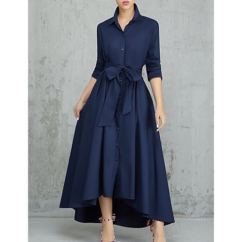 Chic women work slim tight dress, high waist solid color shirt collar