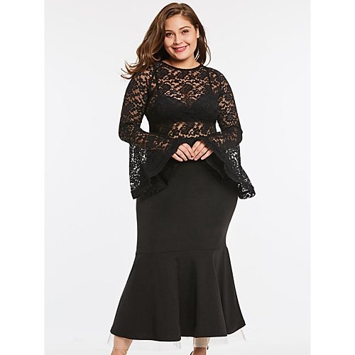 Women large size, basic daily horn trumpet sleeves Slim, lace mermaid gown, sexy