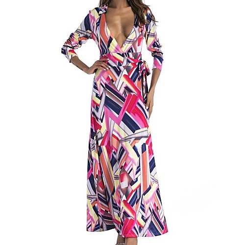 Women beach advanced swing dress, deep V rainbow color block